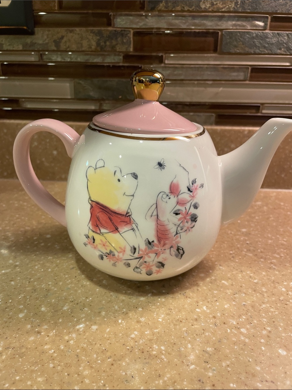 Disney Winnie The Pooh & Piglet Pink White Cherry Blossoms Ceramic TeaPot